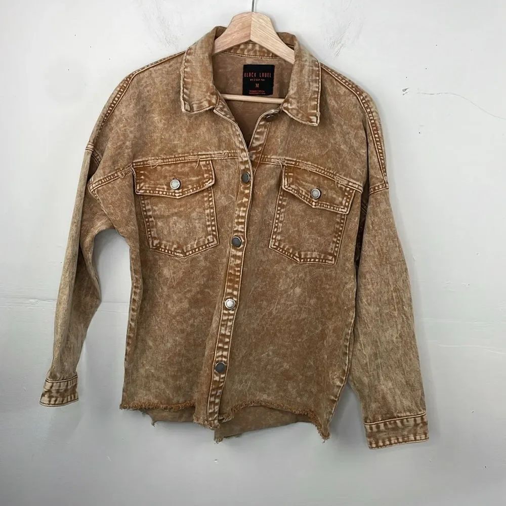 Black Label by CEST TOI Denim Button Down Acid Wash SHACKET Frayed Hem Medium
